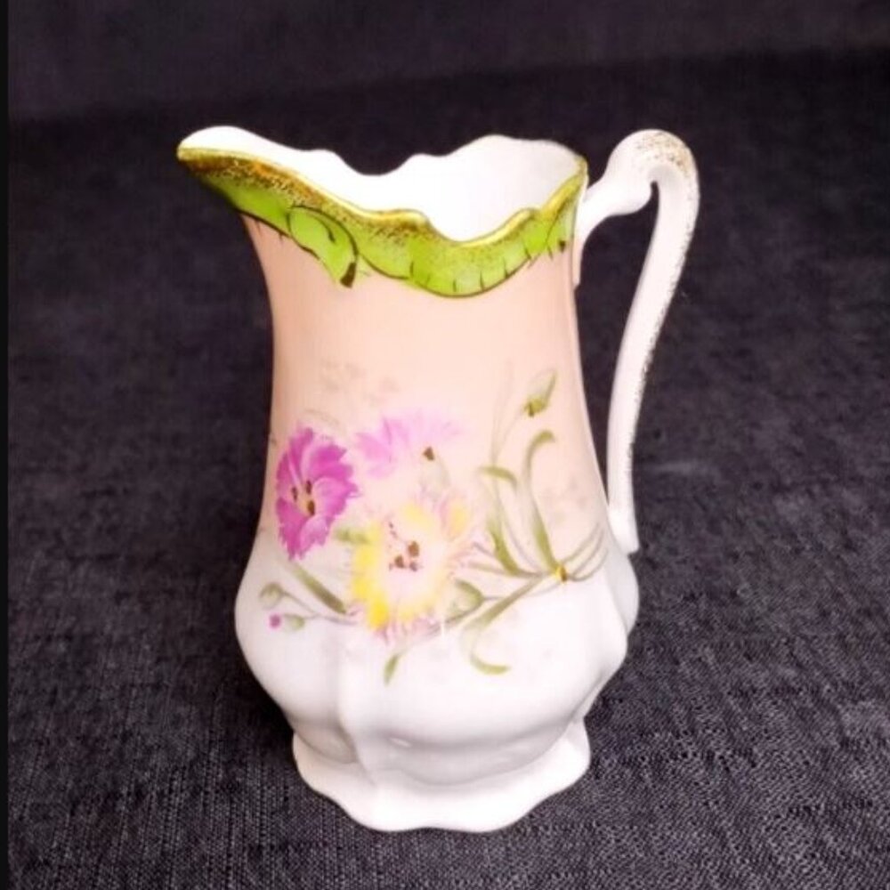 Vintage Porcelain Hand Embellished Floral Creamer With Green Gold Scalloped Rim